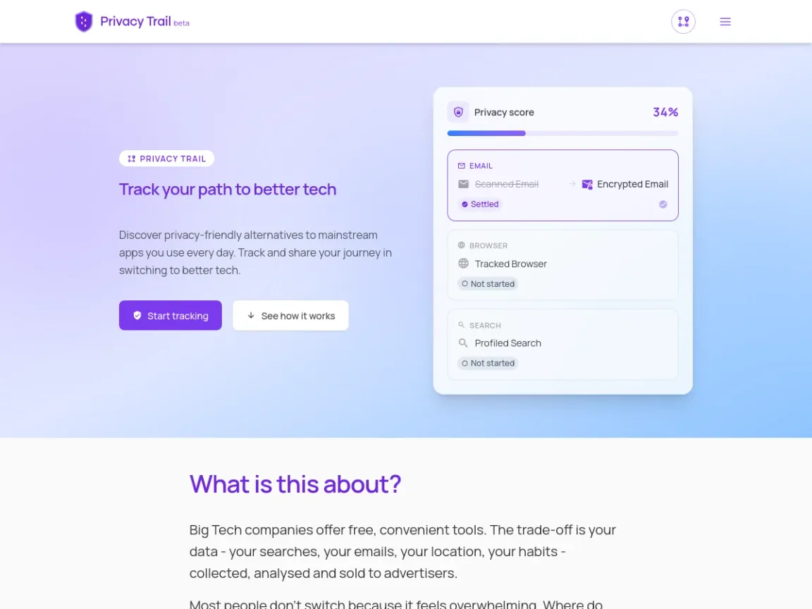 PrivacyTrail landing page showing a privacy score dashboard