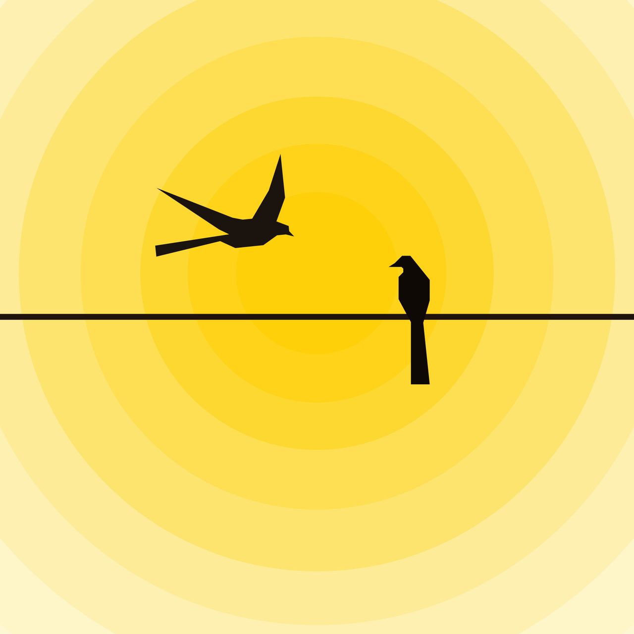 Illustration of two birds resting on a wire against a golden sunset