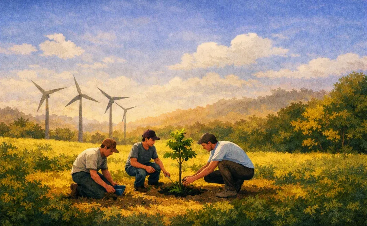 Illustration of people planting a tree in a field with wind turbines in the background
