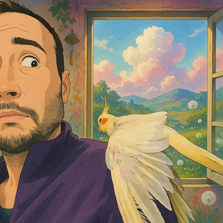 Illustrated portrait of Flarewing's founder with a cockatiel perched on their shoulder, looking out over rolling hills